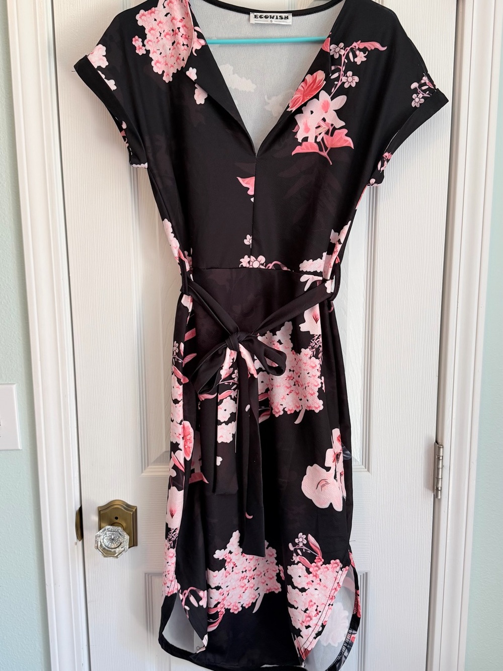 Ecowish Black Midi Dress with Pink Floral Print